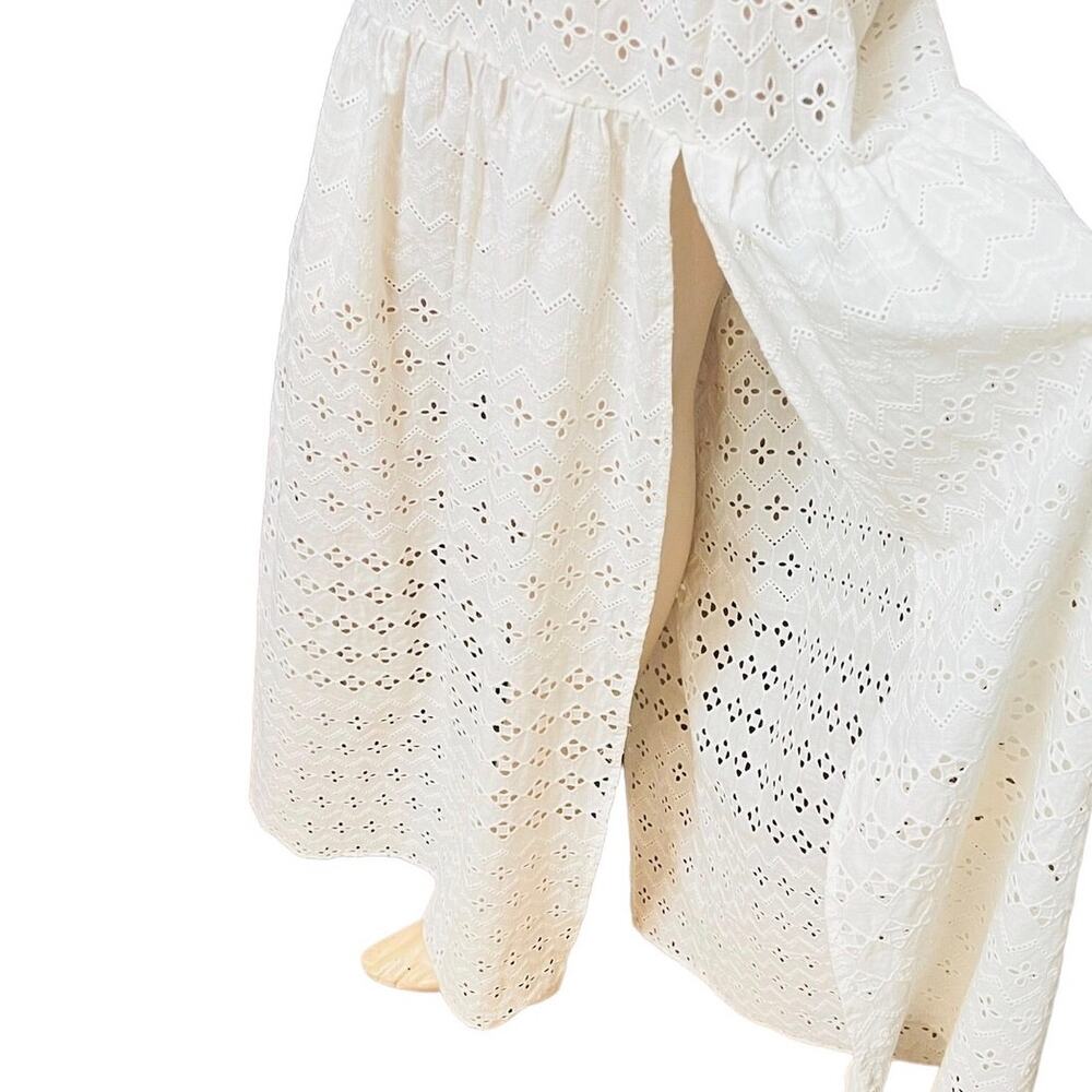 Natural Rough Cotton Off-white Eyelet Maxi Dress Size Fit L Slit on Both Sides - Picture 4 of 15